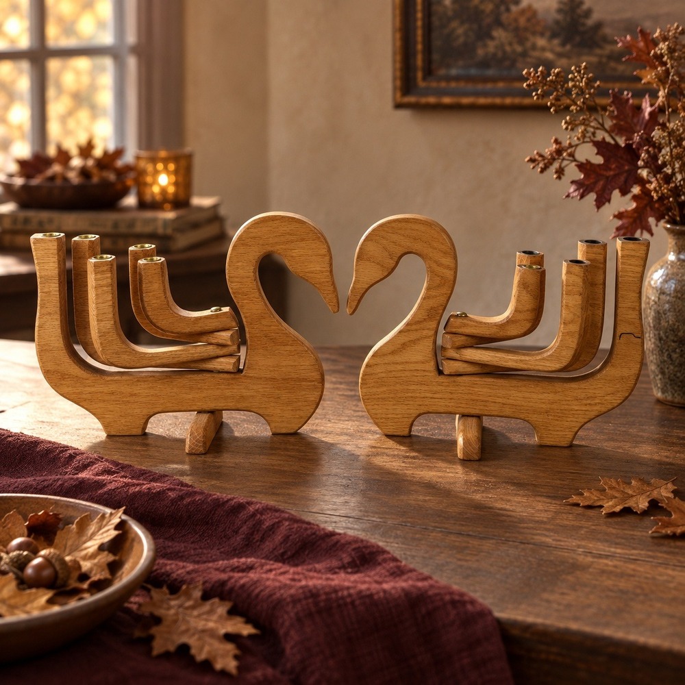 Vintage Wood Swan Candelabra Pair MCM Folding 5-Arm Candle Holders Scandinavian